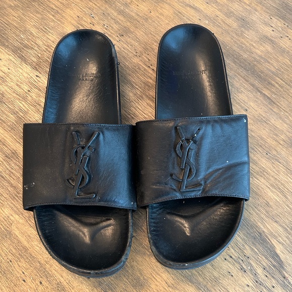 YSL Saint Laurent Joan Logo Slides Sandals Black Leather Sz 37.5 FAIR - Picture 2 of 14